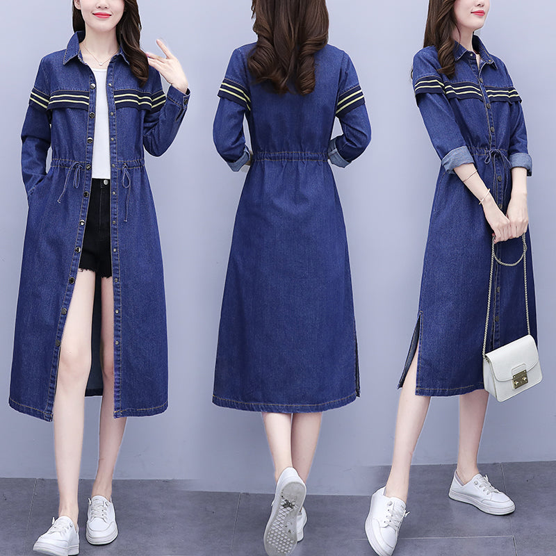 Kelsi Plus Size Stripes Denim Long Sleeve Midi Shirt Dress / Jacket