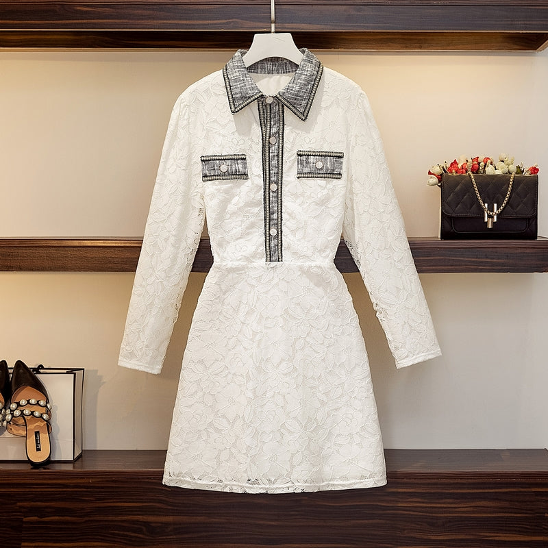 Leeya Plus Size Chanel-Esque Lace Long Sleeve Shirt Dress