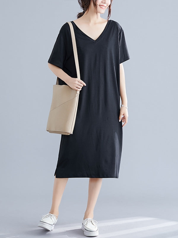 Lola V Neck Knit S/S Tee Shirt Dress (Grey, Black) (EXTRA BIG SIZE)