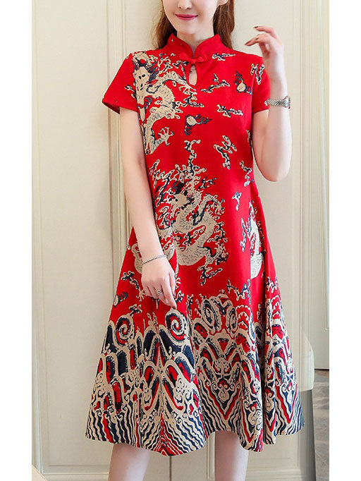 Tayvia Plus Size Cheongsam Qipao Floral Print Short Sleeve Midi Dress (Suitable For Chinese New Year, Office, Casual) (Red, Blue)