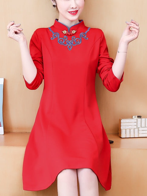 (Bust 90-115 CM) Topaz Plus Size Occasion Chinese Embroirdery  Cheongsam Qipao Long Sleeve Dress (Red, Black)