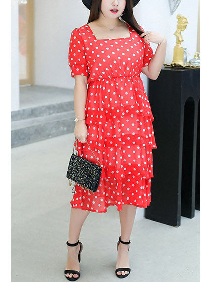 Tasneem Plus Size Polka Dots Square Neck Tier Midi Shirt Dress (Suitable For Chinese New Year)  (Blue, Red)