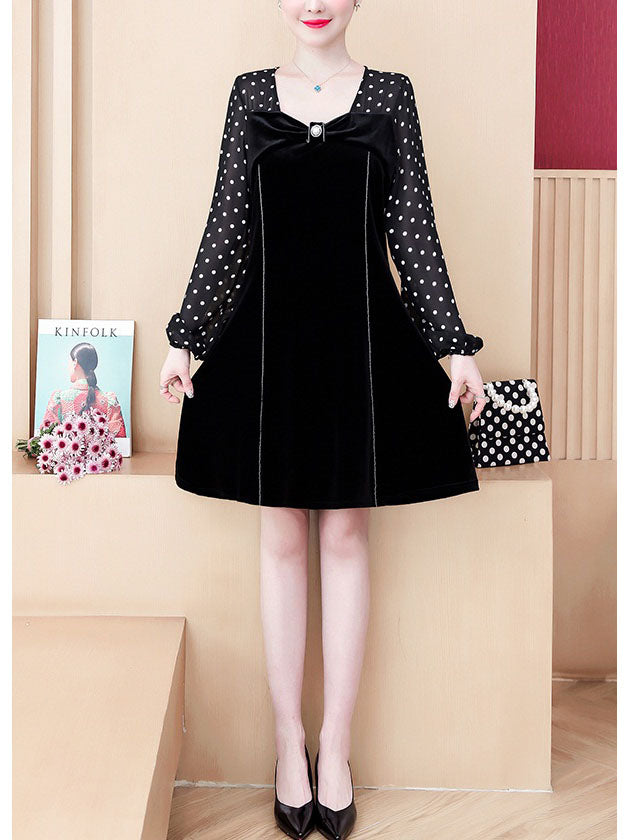 Toyah Plus Size Chanel-Esque Button Bow Polka Dots Square Neck Long Sleeve Dress (Black)