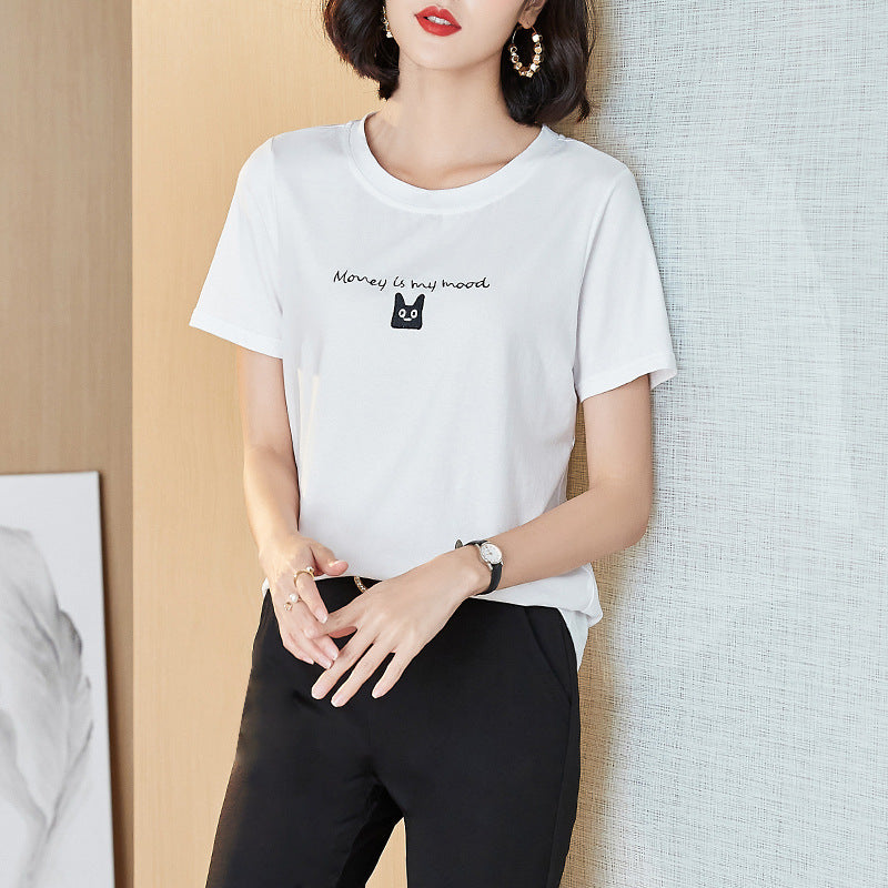 Plus Size White T Shirt Cat Short Sleeve Top