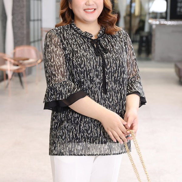 Plus Size Black White Chiffon Mid Sleeve Blouse