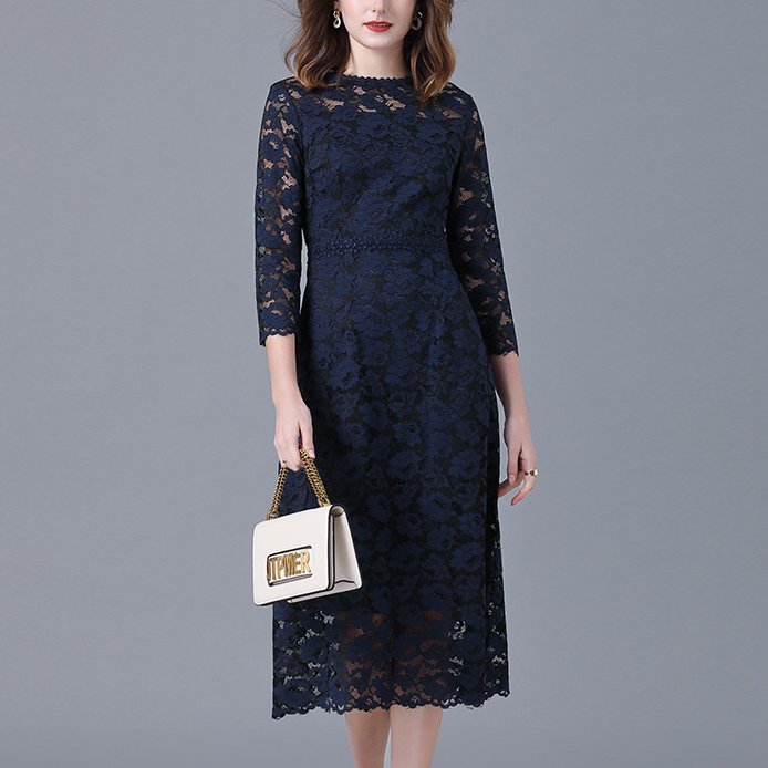 Plus Size Formal Blue Lace Mid Sleeve Midi Dress