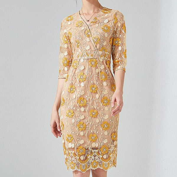 Plus Size Ornate Gold Lace Mid Sleeve Dress