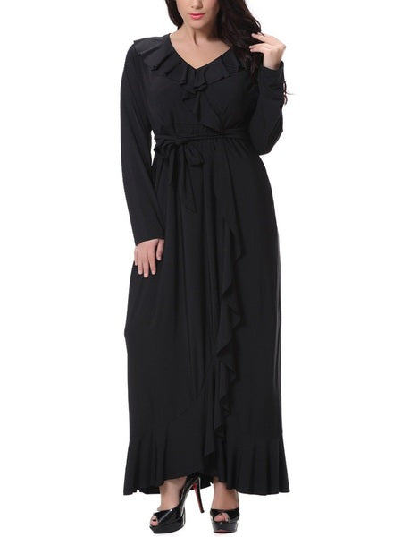 Morissa Frill Black Wrap Hem Maxi Dress