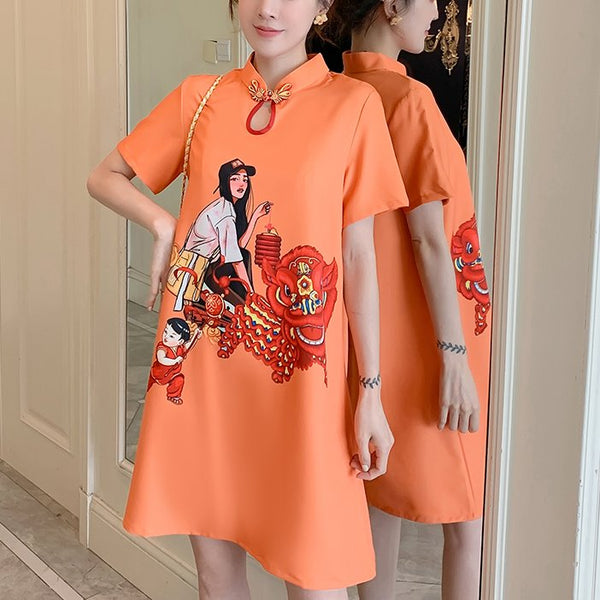 Plus Size Young Lunar Lantern Girl Cheongsam Short Sleeve Dress Orange