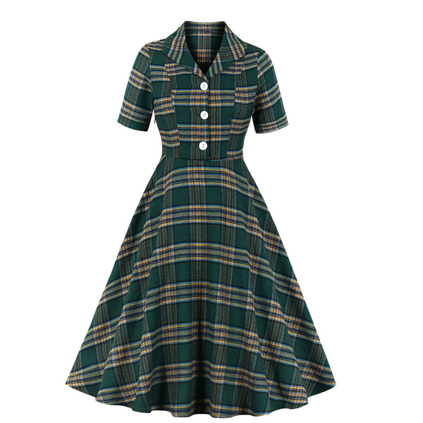 Plus Size Green Checked Trench Coat Short Sleeve Shirt Dress