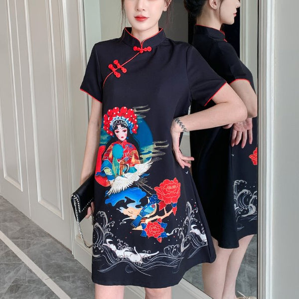Plus Size Graceful Chinese Opera Cheongsam Short Sleeve Dress