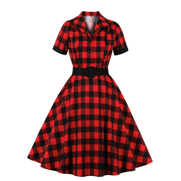 Plus Size Red Checked Trench Coat Short Sleeve Shirt Dress