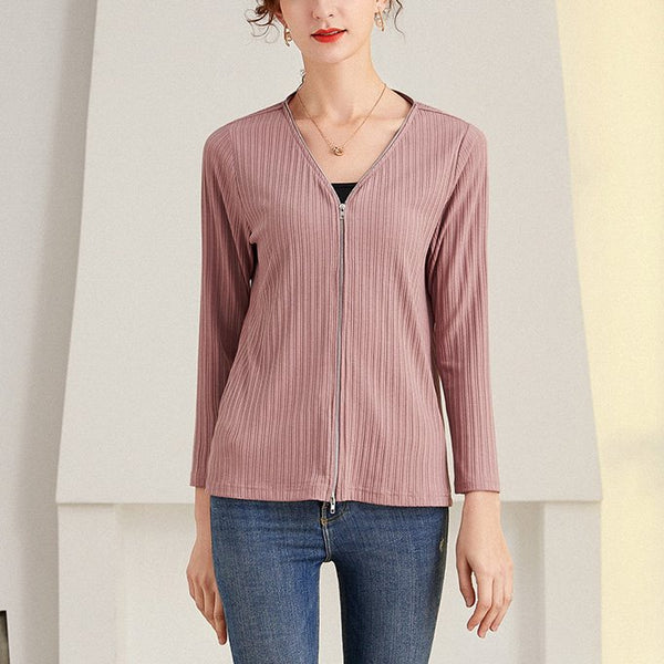 Plus Size Knit Ribbed Zipper Long Sleeve Top
