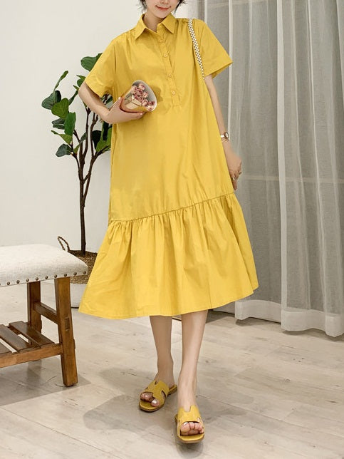 Deana Plus Size Mermaid Short Sleeve Midi Shirt Dress (Yellow, Black)