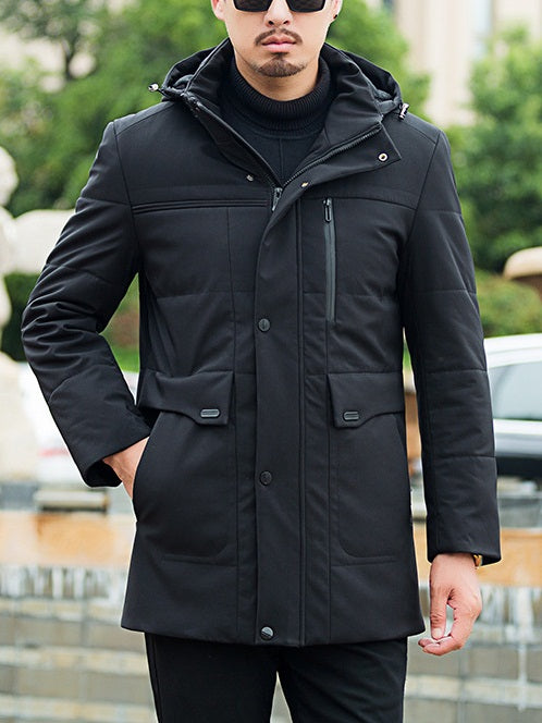 Men's Plus Size Padded Windbreaker Long Length Utility Design Winter Jacket (Black)