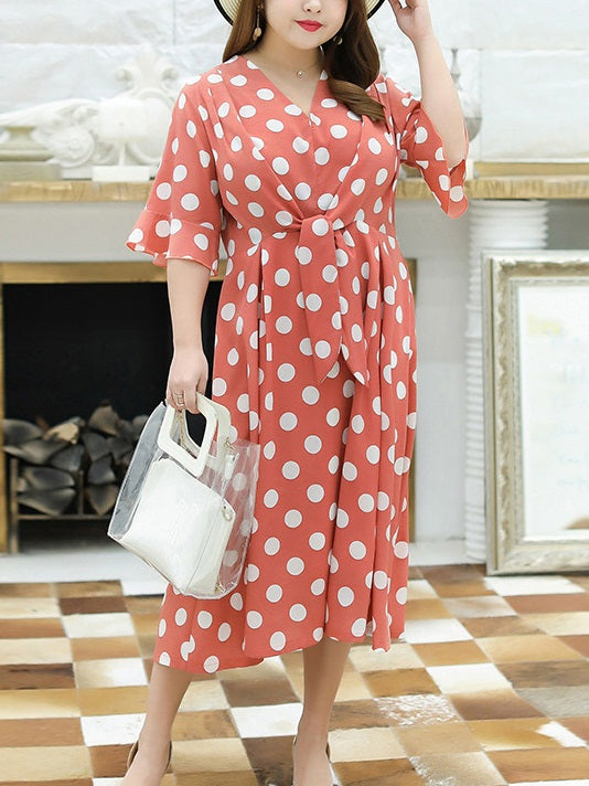 Tasnim Plus Size Polka Dots Square Neck Tier Bell Sleeve Short Sleeve Midi Dress (Suitable For Chinese New Year) (Orange, Black)
