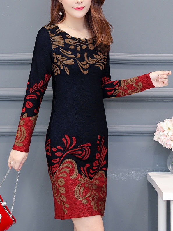 Sunday Plus Size Wedding Dinner Formal Mother of The Bride Work Dress Scallop Lace Printed Long Sleeve Dress (Black base, Red base)