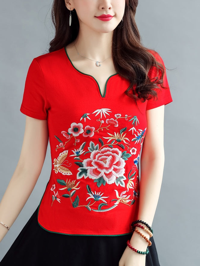 Timbrel Plus Size Cheongsam Qipao Top - Floral Ethnic Chinese Embroidery V Neck Short Sleeve Top (Red, Black, Green) (Suitable For Chinese New Year)