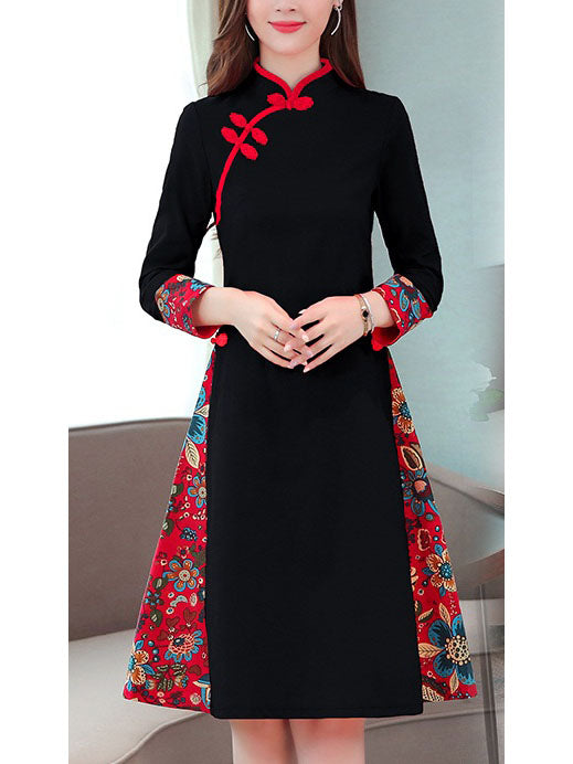 (Bust 95-120 CM) Tora Plus Size Floral Panel Side Cheongsam Qipao Long Sleeve Dress (Red, Black)