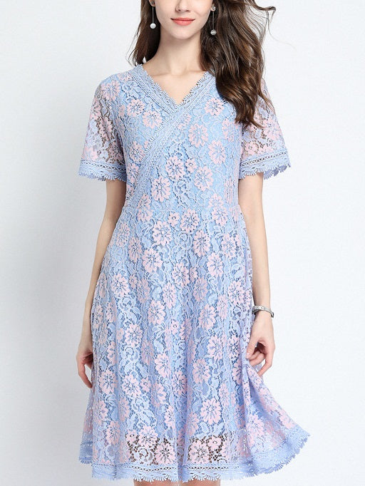 Quinlee Wrap V Neck Swing Blue and Pink Floral Lace Dress