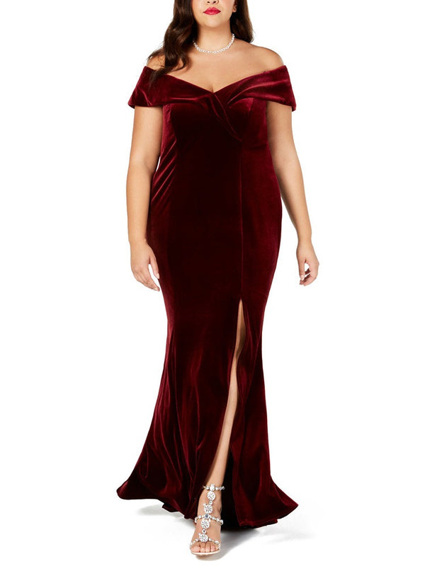 Sophianne Plus Size Dinner Occasion Prom Wedding Dress Gown Red Velvet Off Shoulder Slit With Sleeves Short Sleeve Maxi Dress