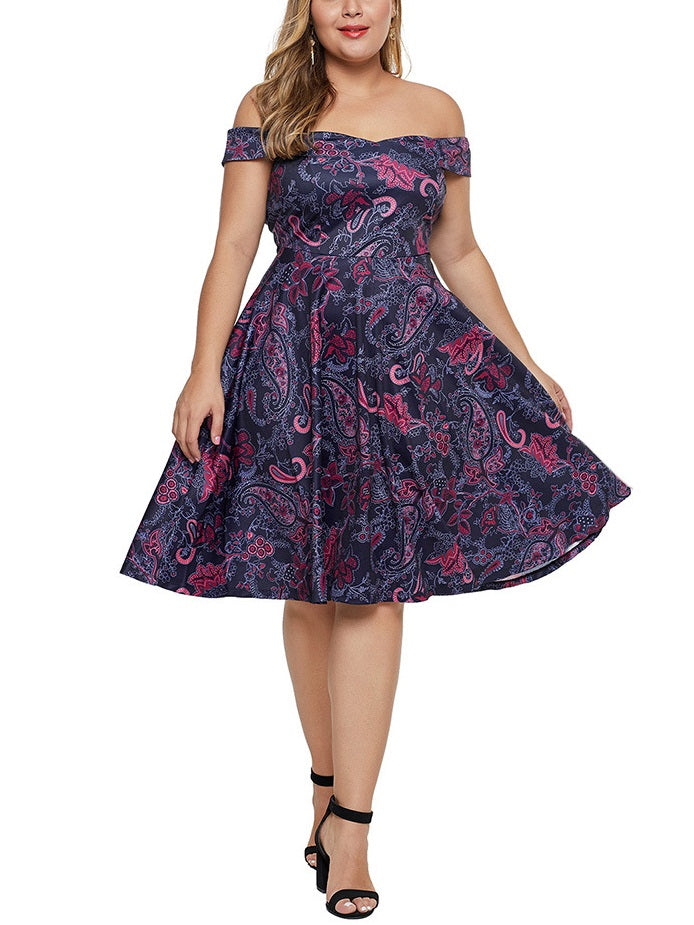 Tamsie Plus Size Purple Paisley Print Off Shoulder Sweetheart Neckline Swing Flattering Short Sleeve Dress (Suitable For Party, Chinese New Year, Weddings)