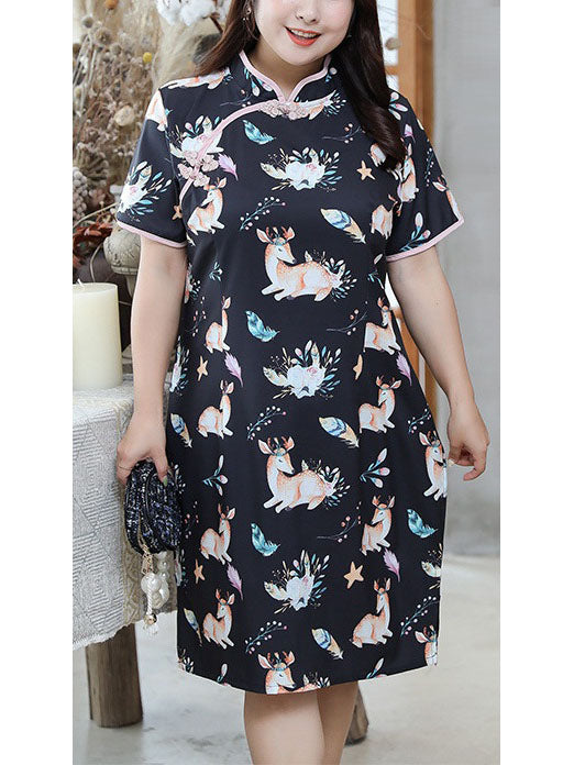 Talya Plus Size Cute Vintage Print Cheongsam Qipao Casual Work Office Chinese New Year Short Sleeve Dress (White elephants, Black deer)
