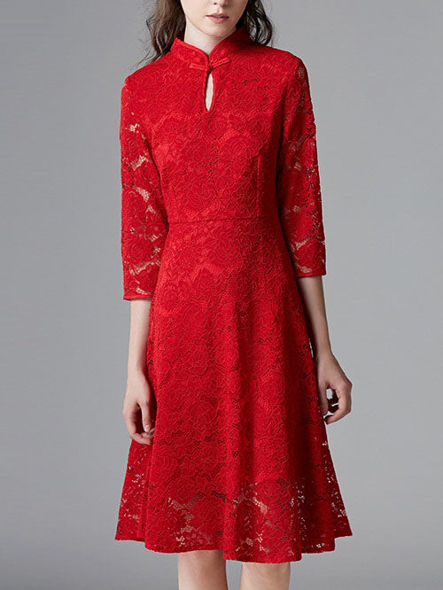 Shosanna Red Lace Keyhole Oriental Qipao Cheongsam Swing Mid Sleeve Dress