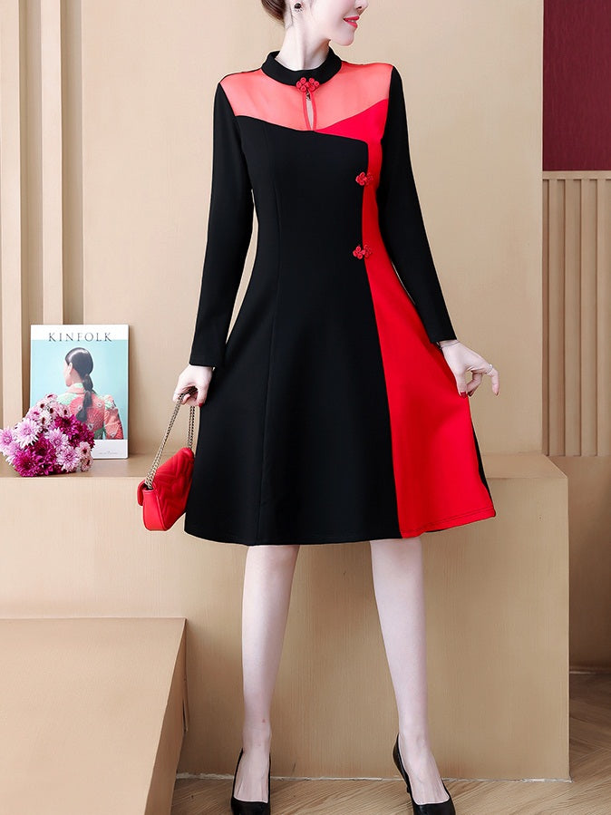 Tracee Plus Size Cheongsam Qipao Colourblock Long Sleeve Dress (Black Sleeve, Red Sleeve)