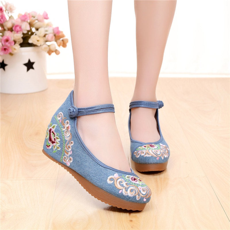 Tiarra Oriental Embroidery Maryjanes Wedges Covered Toes Shoes (Cream, Blue, Black)