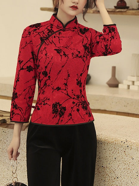 Tazashia Plus Size Cheongsam Lace Mid Sleeve Top (Suitable For Chinese New Year, Office) (White With Blue Lace, Green With Floral Black Lace, Purple Lace, Red Lace, Green Lotus And Leafs Lace)