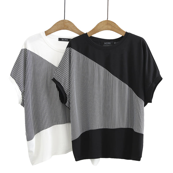 Plus Size Asymmetric Stripe Short Sleeve Top