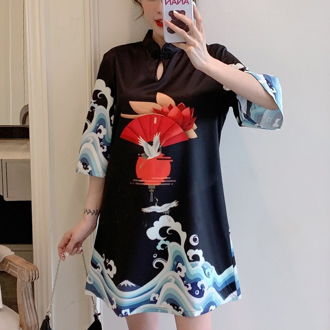 Plus Size Black Japanese Waves Art Mid Sleeve Dress Cheongsam
