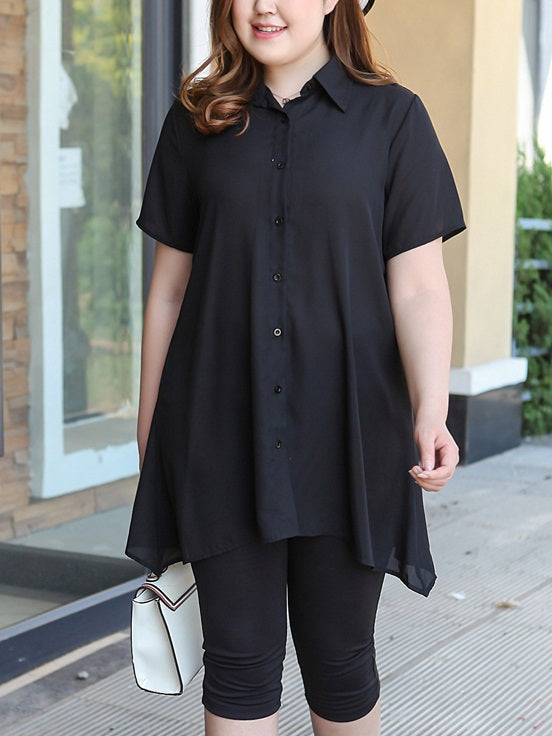 Vandra Plus Size Chiffon Black A-Line Short Sleeve Shirt Blouse (EXTRA BIG SIZE) (Black)