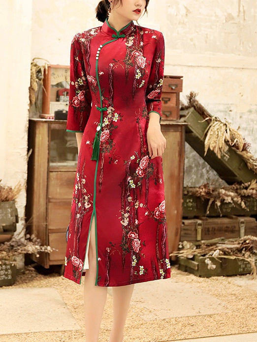Tea Plus Size Cheongsam Floral Print Mid Sleeve Dress (Suitable For Chinese New Year, Office) (Red, Blue, Dark Green, Turquoise Green)