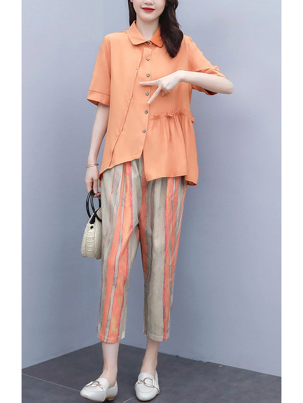 Kelsy Plus Size Orange Short Sleeve Shirt Blouse And Capri Pants Set
