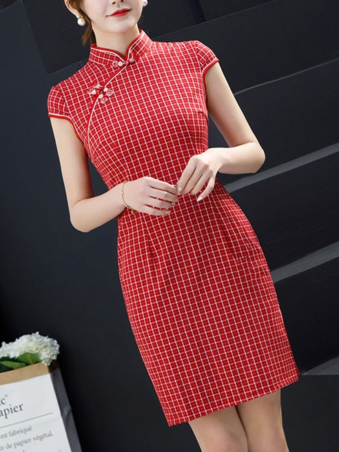 Talyia Plus Size Cheongsam Qipao Casual Work Office Chinese New Year Cotton Checks Print Short Sleeve Dress (Red, Blue)