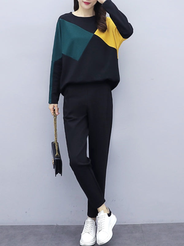 Xyzah Plus Size 2 Piece Colourblock Shapes Long Sleeve Sweater Top And Long Black Pants Casual Set