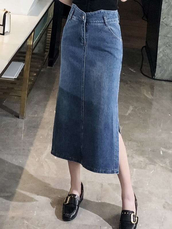 Plus Size Denim Pencil Midi Skirt (EXTRA BIG SIZE)