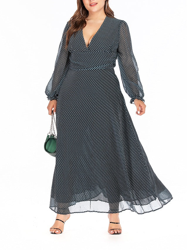Whitter Plus Size V Neck Balloon Sleeves Light Crepe Polka Dots Long Sleeve Maxi Dress (EXTRA BIG SIZE)