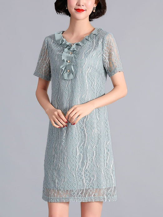 Rohini Blue Frill Button V Neck Lace S/S Dress