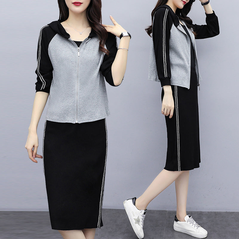 Kerison Plus Size Hoodie Sweater Jacket And Skirt Set