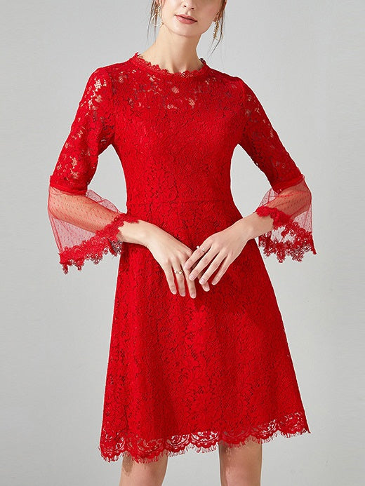 Kaelia Plus Size Red Lace Mid Sleeve Dress