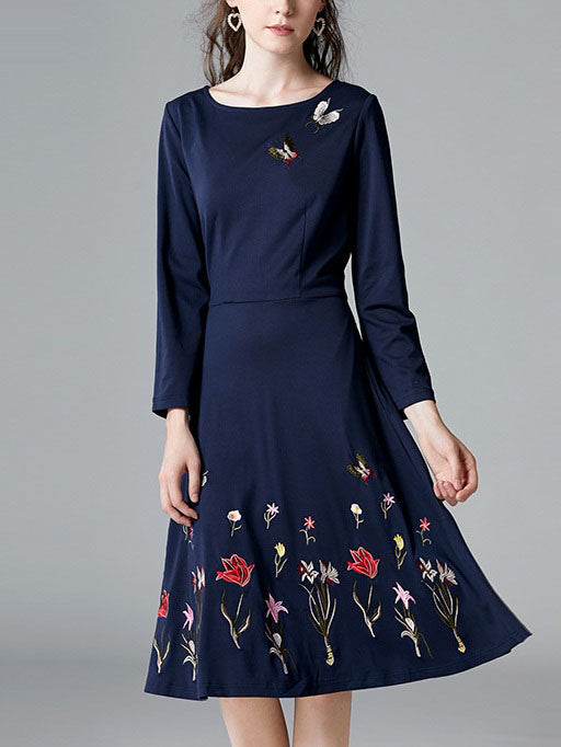 Shoshana Blue Boatneck Butterfly Embroidery L/S Dress