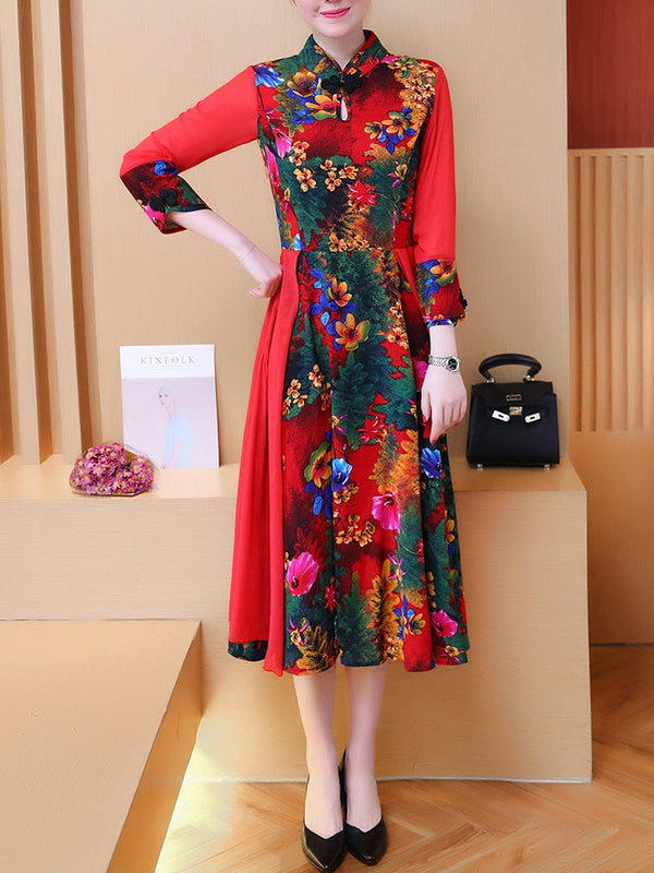 Tracena Plus Size Floral Panel Slimming Cheongsam Qipao Mid Sleeve Midi Dress (Red, Blue)