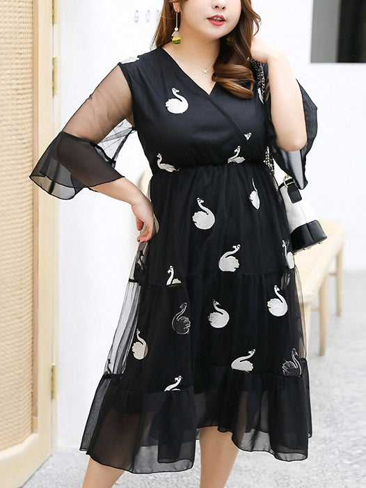 Tassiana Plus Size Black Tulle Swan Embroidery V Neck Party Wedding Occasion Mid Sleeve Midi Dress (EXTRA BIG SIZE) (Suitable For Chinese New Year)