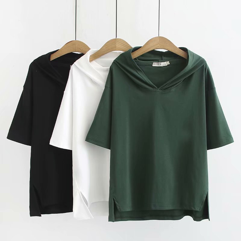 Yselle Plus Size Hoodie Short Sleeve T Shirt Top (Green, White, Black)