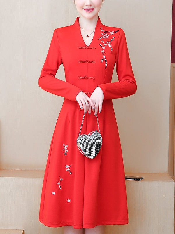 Zadie Plus Size Cheongsam Red Floral Embroidery Swing Long Sleeve Midi Dress