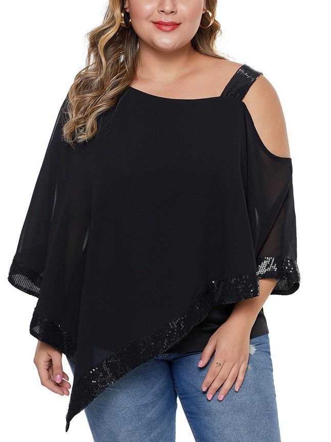 Tamsin Plus Size Black Off Shoulder Layer Sequins Mid Sleeve Blouse (EXTRA BIG SIZE) (Suitable For Party, Chinese New Year, Weddings)