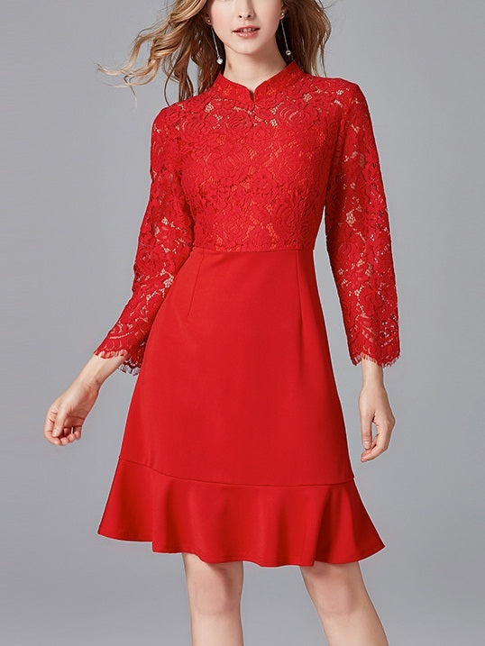 Magalie Red Mermaid Hem Plus Size Cheongsam Qipao Mid Sleeve Dress